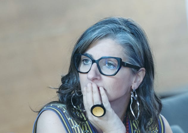 FRANCESCA ALBANESE, United Nations special rapporteur on the situation of human rights in the occupied Palestinian territory, is seen at a conference in Rome, last year. Her suggestion that Palestine represents a moral compass reflects her own broken one, the writer says.