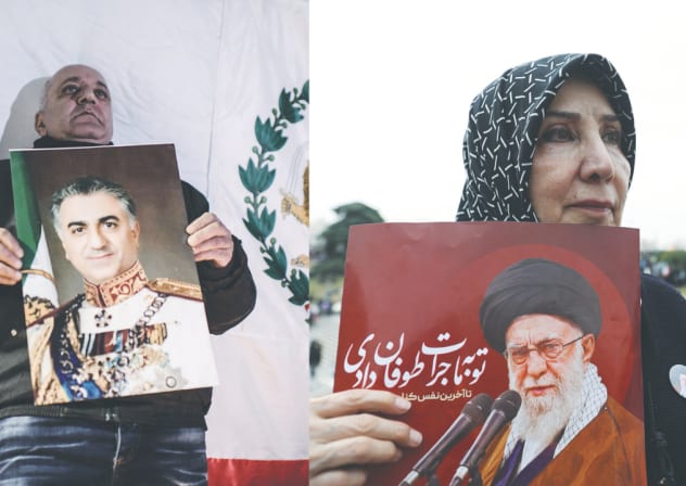 DEMONSTRATORS HOLD posters with pictures of Iran’s Crown Prince Reza Pahlavi and Supreme Leader Ayatollah Ali Khamenei, representing anti- and pro-regime viewpoints. 