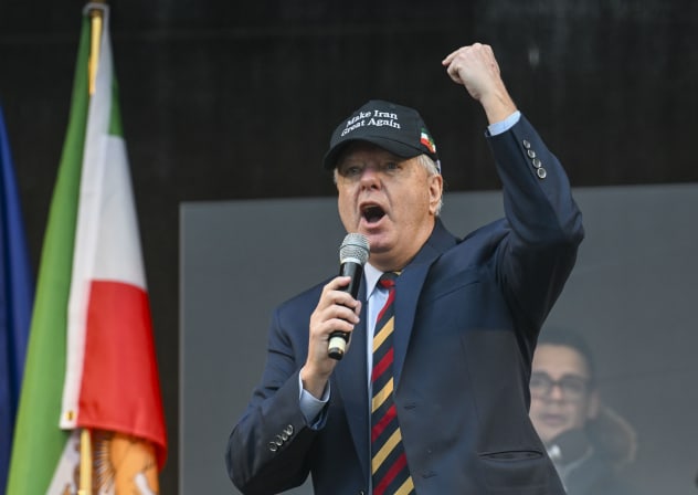 Sen. Lindsey Graham, Member of the US Senate, speaks to the people during the demonstration for human rights in Iran at Theresienwiese during the 62nd Munich Security Conference on February 14, 2026 in Munich, Germany. 