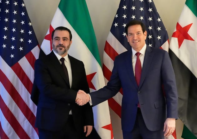 US Secretary of State Marco Rubio shakes hands with Syrian Foreign Minister Asaad al-Shibani in Munich, Germany, February 13, 2026, on the sidelines of the Munich Security Conference.