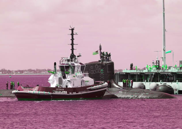 The USS Vermont (SSN-792), a US Virginia-class nuclear-powered attack submarine, arrives at HMAS Stirling naval base in Perth on October 29, 2025. The USS Vermont arrived for a Submarine Maintenance Period (SMP), marking progress under the AUKUS partnership.