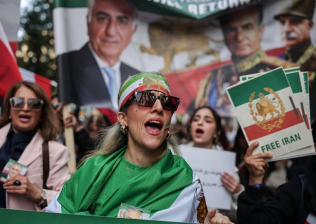 Iranians living in Greece chant slogans during a rally, marking the Global Day of Action for Iran, to support Iran's Lion and Sun Revolution, in Athens, Greece, February 14, 2026