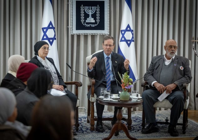 Israeli president Isaac Herzog meets with bereaved families from the Arab communities, at the presidentäs residence in Jerusalem on February 15, 2026.