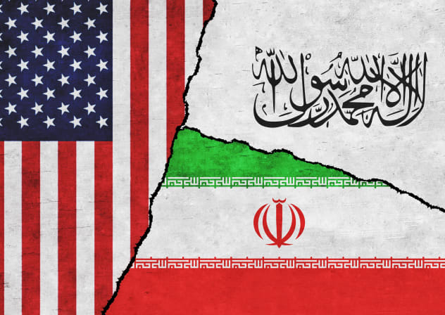 An illustration of the US, Iranian, and Afghan flags.