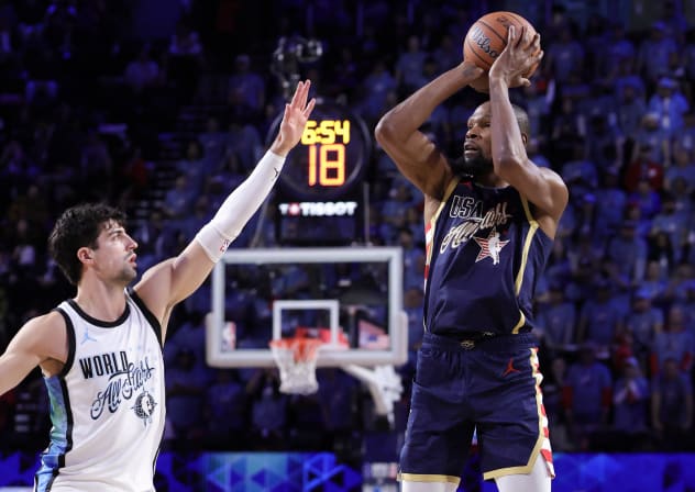 Kevin Durant #7 of the Houston Rockets and Team USA Stripes shoots against Deni Avdija #8 of the Toronto Raptors and Team World during the 75th NBA All-Star Game at Intuit Dome on February 15, 2026 in Inglewood, California.