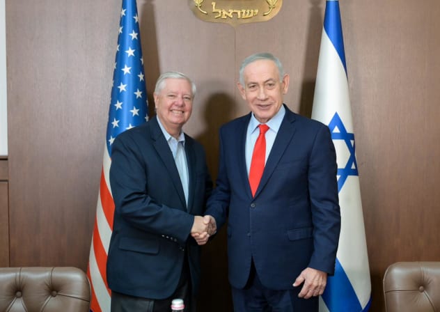 Senator Lindsey Graham (L) meets Prime Minister Benjamin Netanyahu (R) at the Prime Minister's Office in Jerusalem, February 16, 2026.