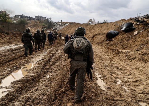 This picture taken during a media tour organised by the Israeli military on January 27, 2024, shows Israeli soldiers patrolling an area in Gaza's main southern city of Khan Yunis, amid continuing battles between Israel and the Palestinian terrorist group Hamas. 