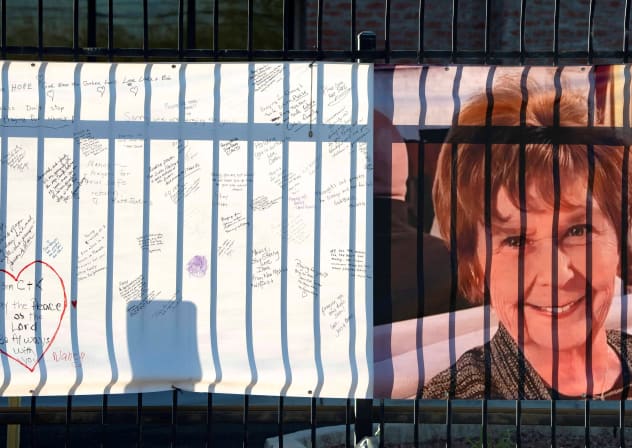 A banner with a growing collection of well-wishes from supporters reads "bring her home" (not pictured) and shows a photo of Nancy Guthrie, the 84-year-old mother of US journalist and television host Savannah Guthrie, Tucson, Arizona, US, February 14, 2026