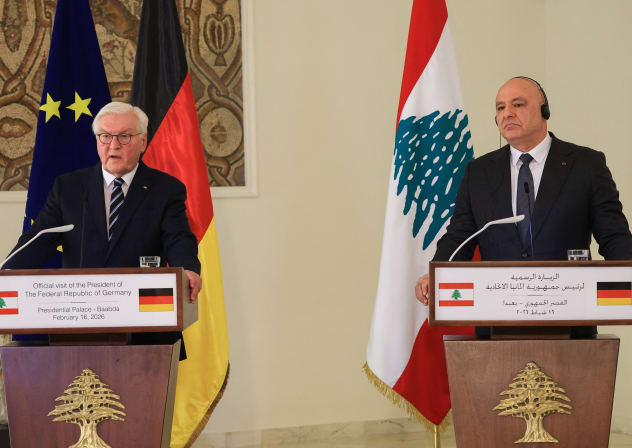 German President Frank-Walter Steinmeier and Lebanese President Joseph Aoun address the media during a press conference at the presidential palace in Baabda, Lebanon, February 16, 2026.
