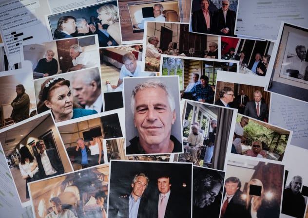 This photograph taken in Le-Perreux-sur-Marne, outside Paris on February 9, 2026 shows undated pictures provided by the US Department of Justice on January 30, 2026 as part of the Jeffrey Epstein files.