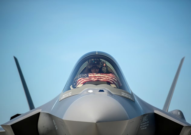 An F-35 pilot prepares for take off from the Vermont Air National Guard Base with the flag of the United States, in South Burlington, Vermont, US, May 22, 2020