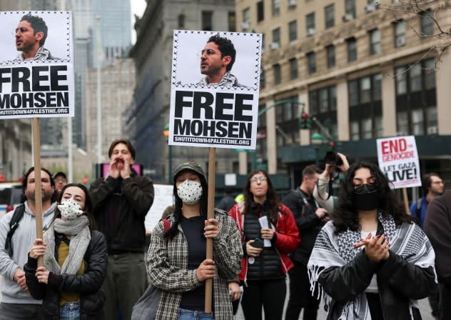 Demonstrators hold placards that read "Free Mohsen" in reference to Mohsen Mahdawi, a Palestinian student at Columbia University, who was detained, as they gather at Foley Square in Manhattan, New York City, US, April 15, 2025.