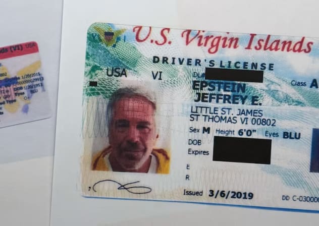 A partially redacted document that was included in the US Department of Justice release of the Jeffrey Epstein files, photographed Wednesday, February 4, 2026, shows a US Virgin Islands drivers license.
