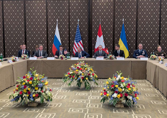 A U.S. delegation led by Special Envoy Steve Witkoff and U.S. President Donald Trump's son-in-law Jared Kushner waits for the start of a meeting on the first day of the third round of trilateral talks between delegates from Ukraine, Russia and the U.S.