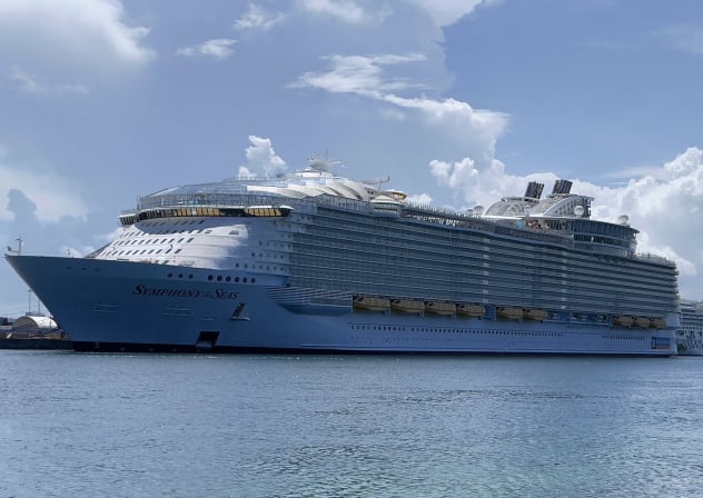 The Royal Caribbean cruise ship, Symphony of the Seas, is seen moored in the Port of Miami on August 1, 2021.