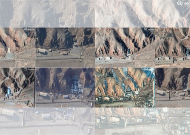 A combination picture of satellite images show the Parchin military complex from before Israeli strikes until February 2026.