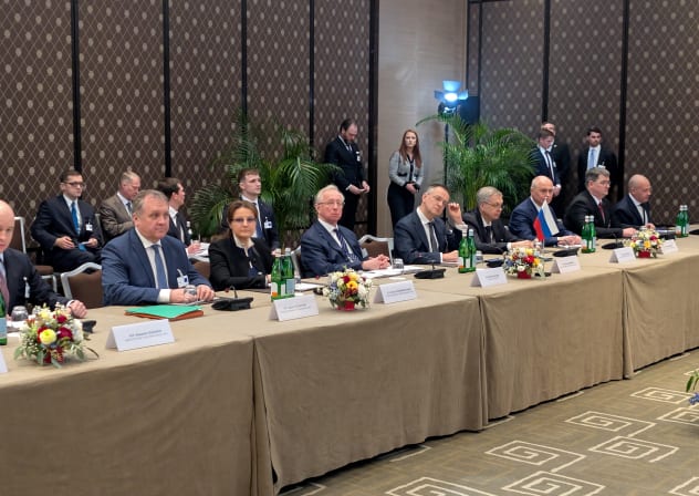 A Russian delegation waits for the start of a meeting on the first day of the third round of trilateral talks between delegates from Ukraine, Russia and the US, amid Russia's attack on Ukraine, in Geneva, Switzerland, February 17, 2026. 