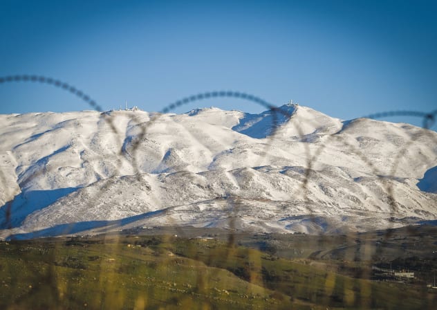 VIEW OF snow on Mount Hermon in Syria, as seen from the northern Golan Heights, in Jan.