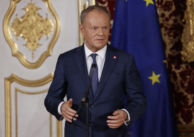 Polish Prime Minister Donald Tusk gives a press statement at the Munich Residence palace, prior to the traditional dinner on the occasion of the Munich Security Conference (MSC), on February 14, 2026 in Munich, southern Germany.