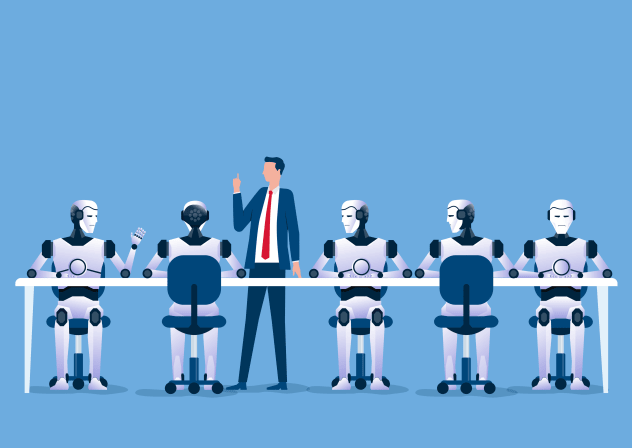 A businessman is seen working alongside a team of robots in this illustrative image of artificial intelligence.