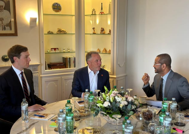 Oman's Foreign Minister Sayyid Badr bin Hamad Al Busaidi meets with US Special Envoy Steve Witkoff and US President Donald Trump's son-in-law, Jared Kushner ahead of the indirect US-Iran talks, in Geneva, Switzerland, February 17, 2026.