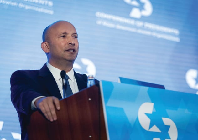 FORMER PRIME MINISTER Naftali Bennett addresses the Conference of Presidents of Major American Jewish Organizations in Jerusalem on Tuesday.