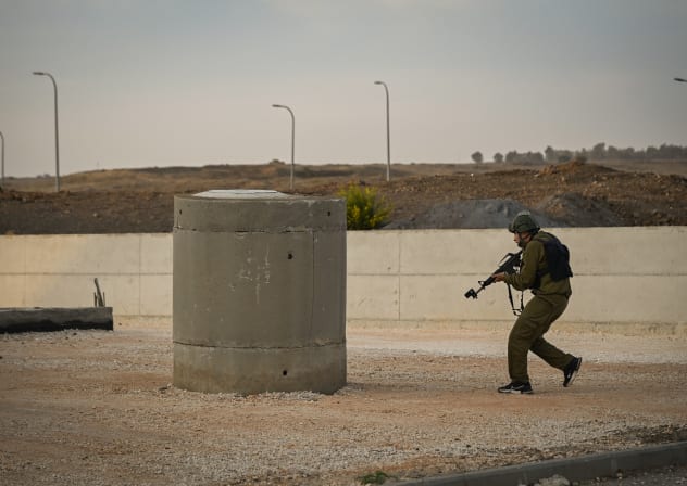 Katsrin Emergency Squad members take part in a training exercise simulating a terrorist infiltration in the city’s industrial zone, in Katsrin, Golan Heights, November 2, 2025.