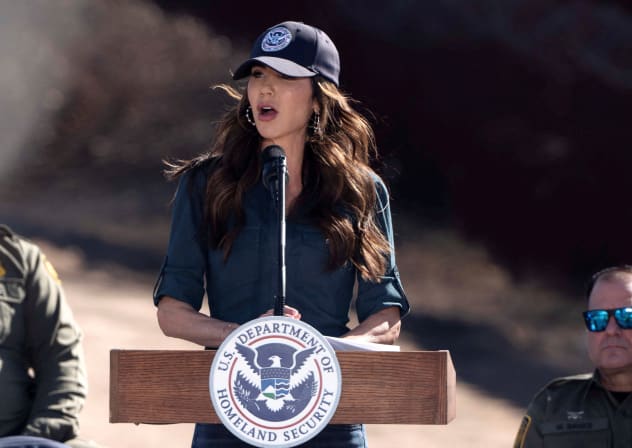 US Secretary of Homeland Security Kristi Noem speaks at the US-Mexico border near Nogales, Arizona, US, February 4, 2026.