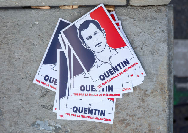 IMAGES REPRESENTING Quentin Deranque, a young far-right activist beaten to death during a violent assault by hard-left activists, with a text message reading: "Killed by Melenchon's militia", on the day of a march in tribute to Quentin Deranque, in Lyon, France, February 21, 2026. 