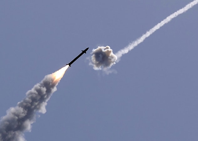 Israel's Iron Dome aerial defence system intercepts a rocket launched from the Gaza Strip, controlled by the Palestinian Hamas movement, above the southern Israeli city of Ashkelon.