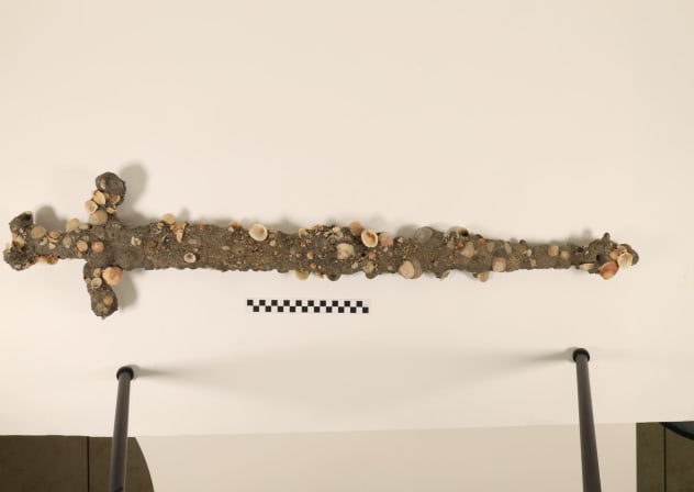 Ancient Crusader sword, dated to the 12th century CE, discovered off of Israel's Dor Beach in northern Israel, February 22, 2026.
