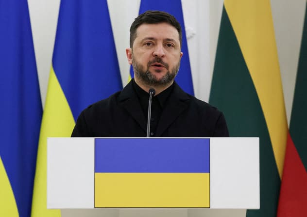 Ukrainian President Volodymyr Zelensky attends a press conference with Lithuanian President Gitanas Nauseda and Polish President Karol Nawrocki at the Presidential Palace in Vilnius, Lithuania, January 25, 2026.