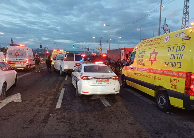 Israel Police and Magen David Adom respond to a road incident in which one police officer was injured near Tapuah junction in the West Bank on February 23, 2026.