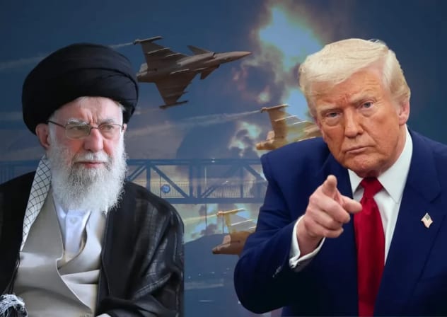 De izquierda a derecha: el ayatolá Alí Jamenei, de Irán, y el presidente Donald Trump, de Estados Unidos, con sus respectivas banderas y ataques con misiles como telón de fondo.