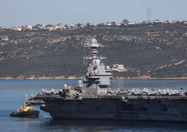 USS Gerald R. Ford aircraft carrier leaves Souda Bay on the island of Crete, Greece, February 26, 2026.