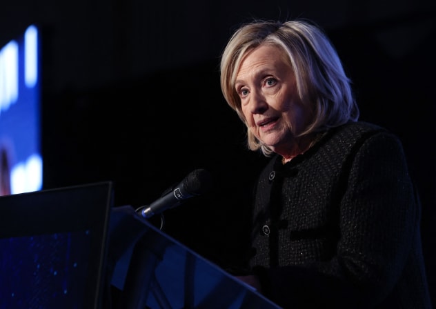 Former US Secretary of State Hillary Clinton speaks on stage as she attends the The World Forum 2026 on the "Future of Democracy, AI/Tech, and Humankind" as part of the "Cinema for Peace" events in Berlin, on February 16, 2026.