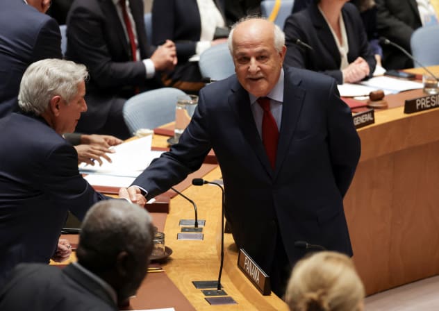 RIYAD H. MANSOUR, Palestinian Permanent Observer to the United Nations, shakes hands with Eloy Alfaro de Alba, Permanent Representative of Panama to the UN, before a Security Council meeting on the situation in the Middle East, at UN headquarters in New York City, US, February 18, 2026. 