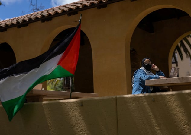A student attends an event at a protest encampment in support of Palestinians at Stanford University during the ongoing conflict between Israel and the Palestinian Islamist group Hamas, in Stanford, California, April 26, 2024.