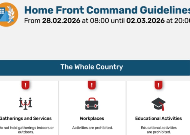 IDF Home Front Command issues guidelines restricting gatherings, prohibiting workplace, educational activity amid Iran strikes, February 28, 2026.