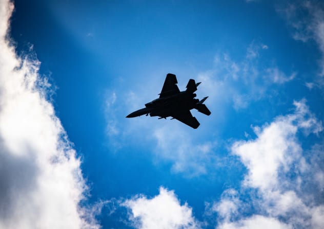 An Israeli Air Force fighter jet flies over central Israel, February 28, 2026
