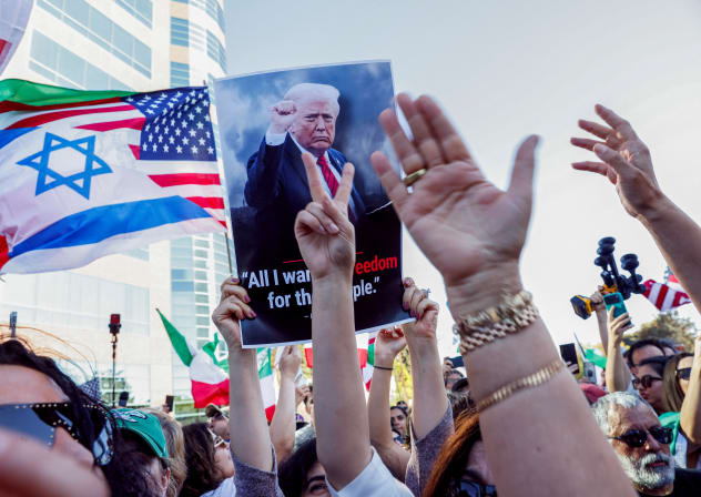 PEOPLE HOLD US, Israeli flags and a poster of U.S. President Donald Trump during a rally against Iran's ruling establishment in Los Angeles, California, US February 28, 2026. 