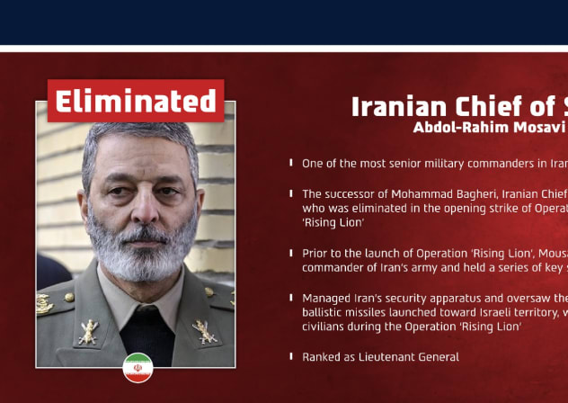a graphic regarding the elimination of the Chief of Staff of the Iranian Armed Forces, Abdolrahim Mousavi on March 1, 2026.