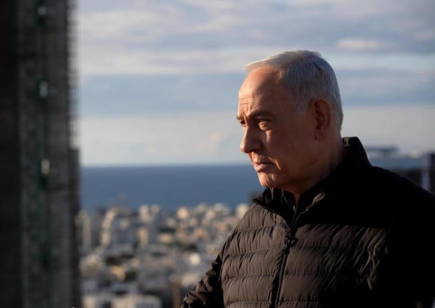 Prime Minister Benajmin Netanyahu from the roof of the Kirya base in Tel Aviv.
