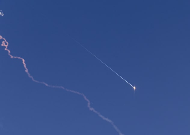 Shrapnel falls after a missile fired from Iran was intercepted by an Israel missile on February 28, 2026 in Northern Israel.