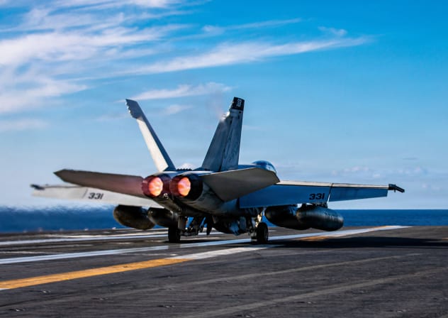 An F/A-18E Super Hornet aircraft, attached to Strike Fighter Squadron 31, launches from the flight deck of the world's largest aircraft carrier, USS Gerald R. Ford (CVN 78), while supporting Operation Epic Fury, Feb. 28, 2026.
