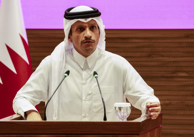 Qatar's Prime Minister and Foreign Minister Mohammed bin Abdulrahman al-Thani addresses a press conference following Israeli strikes in Doha on September 9, 2025. 