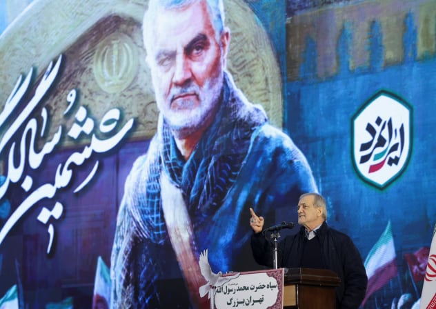 Iranian President Masoud Pezeshkian gives a speech during a ceremony to mark the sixth anniversary of the killing of senior Iranian military commander General Qassem Soleimani in a US attack, in Tehran, Iran, January 1, 2026.