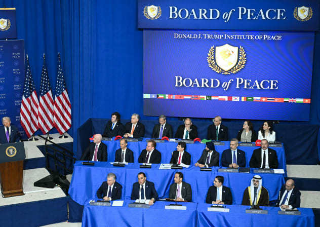 Officials listen to presentations on the work of the Gaza Executive Board during the inaugural meeting of the Board of Peace at the Donald J. Trump Institute of Peace on February 19, 2026 in Washington, DC. 