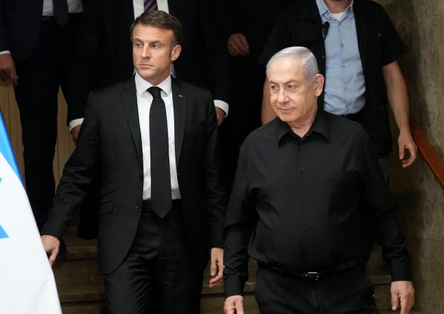 Israeli Prime Minister Benjamin Netanyahu and French President Emmanuel Macron hold a joint press conference, amid the Israeli-Hamas conflict, in Jerusalem, October 24, 2023.