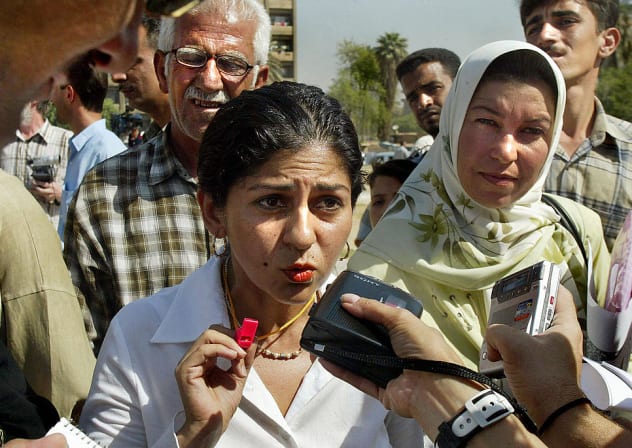 HEAD OF the Organization of Women's Freedom in Iraq, Yanar Mohammed talks to press 24 August 2003 in Baghdad where she said that over 400 women in Iraq had been kidnapped, raped and sometimes sold since the Anglo-US occupation.